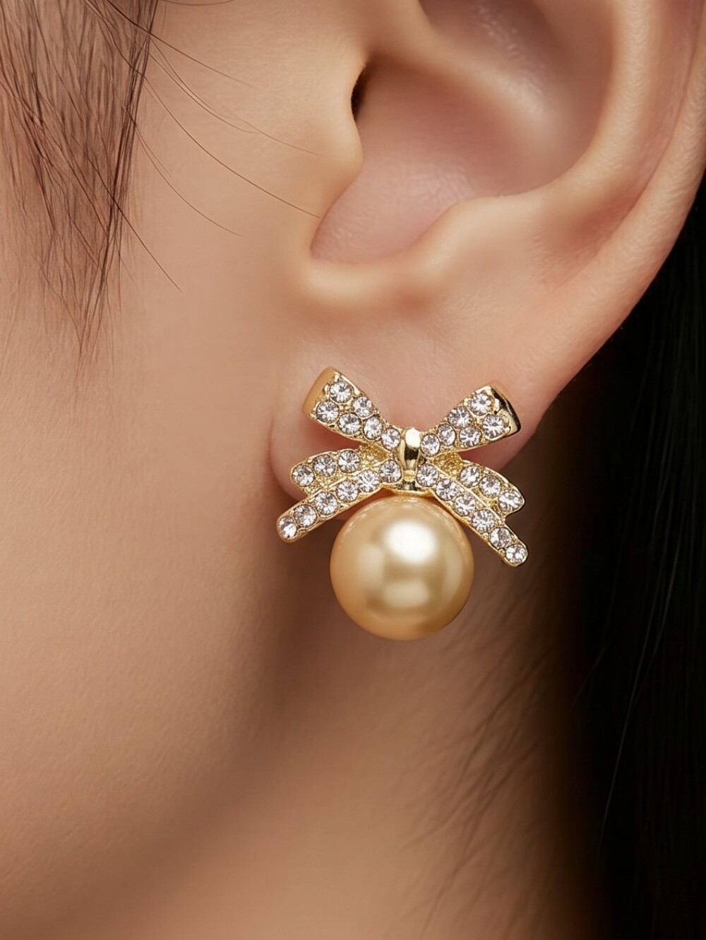 Champagne Pearl Bow Stud Earrings Gold Rhinestone Coquette Balletcore Jewelry